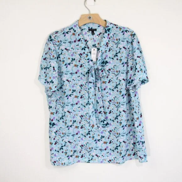 Talbots Floral Top New Women Short Sleeve Blouse V Neck Bow Shirt sz XL - Picture 7 of 11
